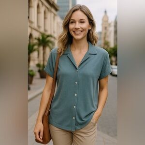 Green Envelope Ribbed Button-Up Collared Shirt Dark Academia Preppy Fairycore L